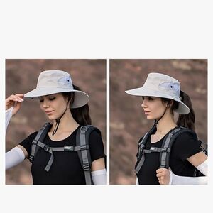 Light Beige Sun Bucket Hat with Chin Strap, Ponytail Holder, Foldable